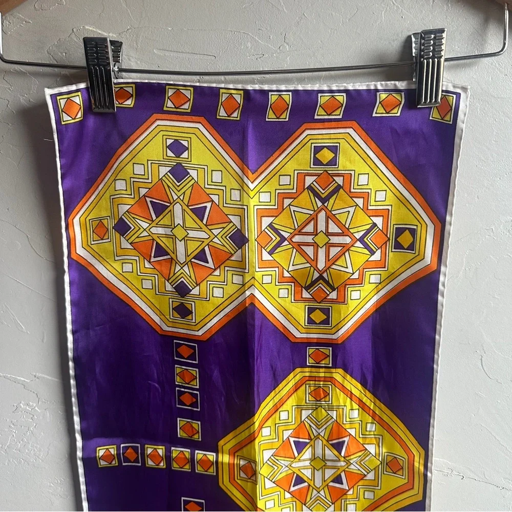 Vintage Made In Japan Purple Gold Geometric Skinny Scarf‎ Retro 70s Psychedelic